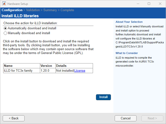 Choose an action for iLLD installation for TC3x