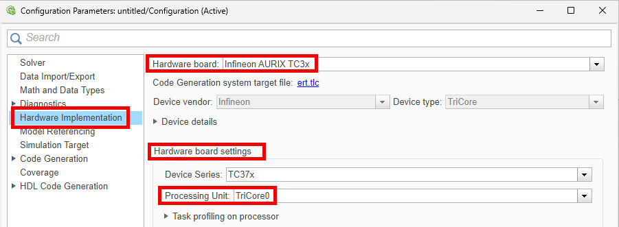 Hardware Implementation pane configuration