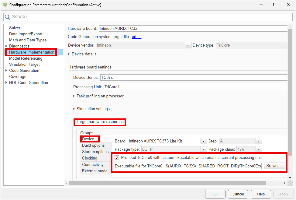 Pre-load TriCore 0 with custom executable file to enable participating auxiliary processing unit