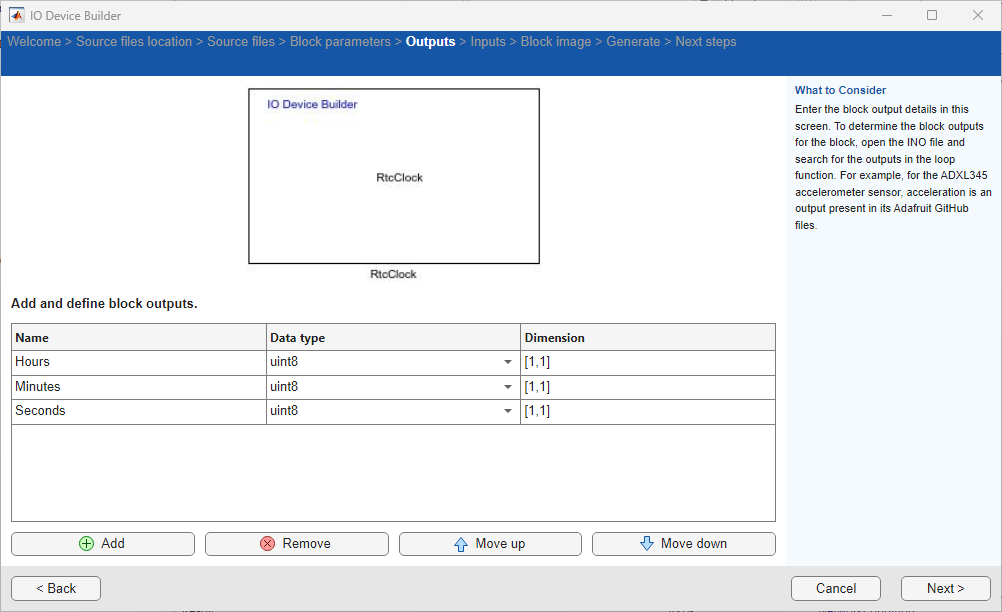 select outputs for block