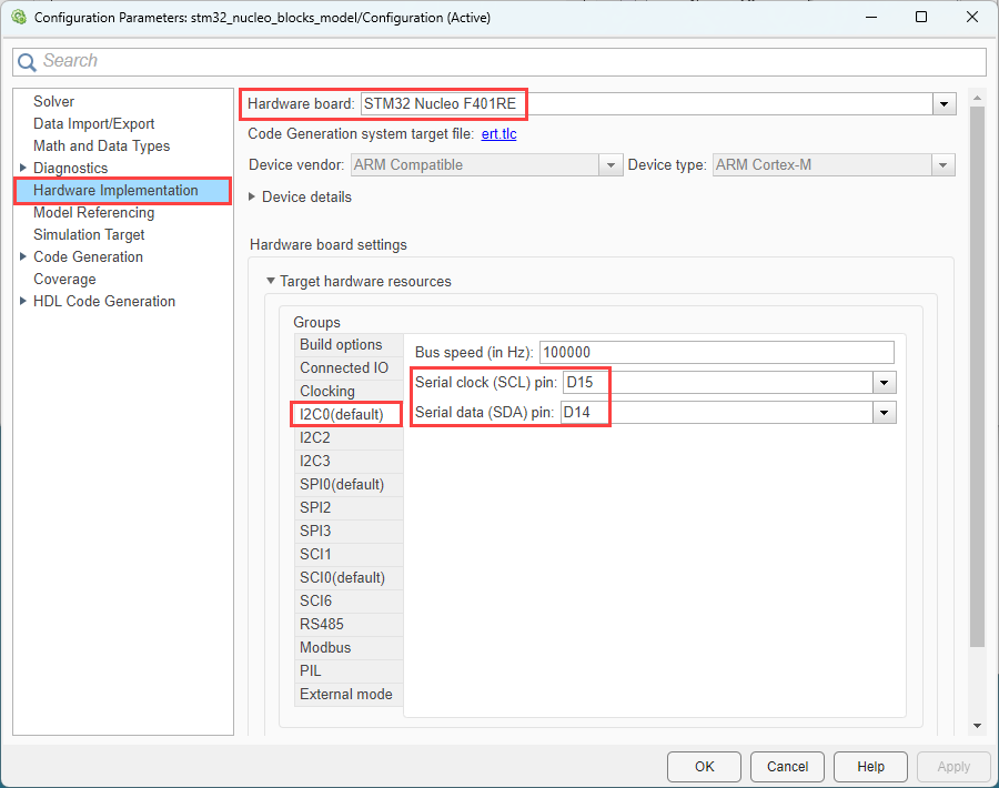Model configuration parameters for selecting I2C resource and pins on Nucleo board