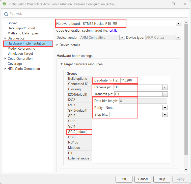 Model configuration parameters for selecting SCI resource and pins on Nucleo board