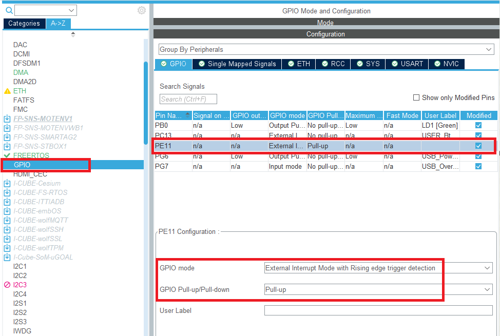 Configuration options for external interrupt resource in STM32 CubeMX configuration software