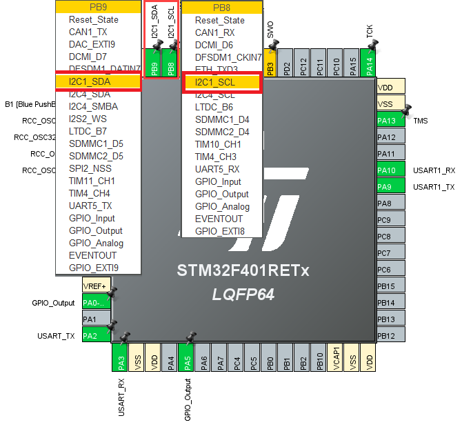 Pin map configuration for I2C port and pins in STM32 CubeMX configuration software