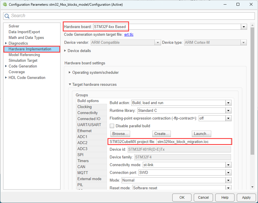 Model configuration parameters for selecting I2C resource on STM32F4xx Based processor board