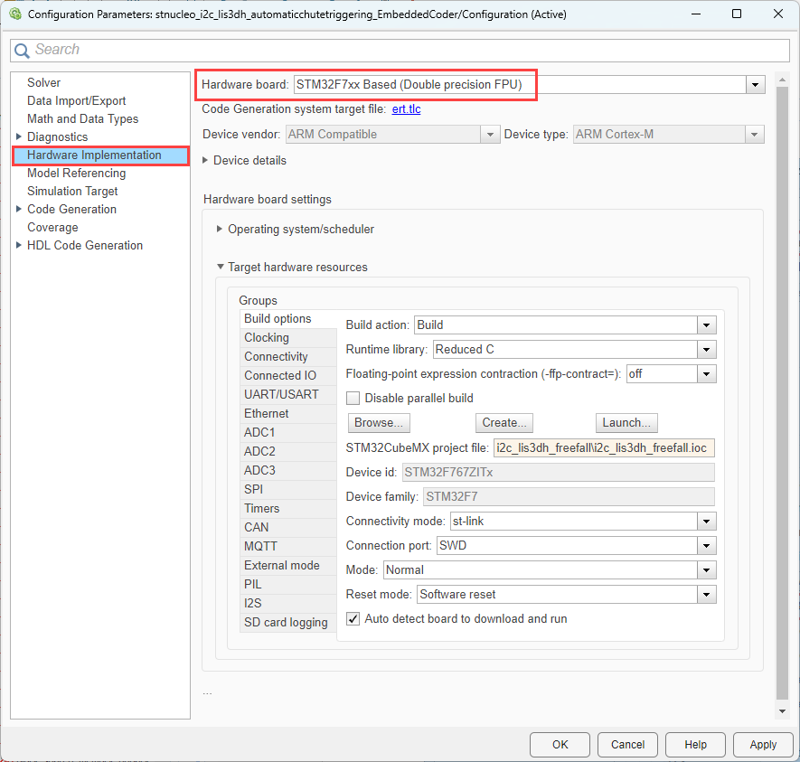 Model configuration parameters for selecting PWM resource on STM32F4xx Based processor board