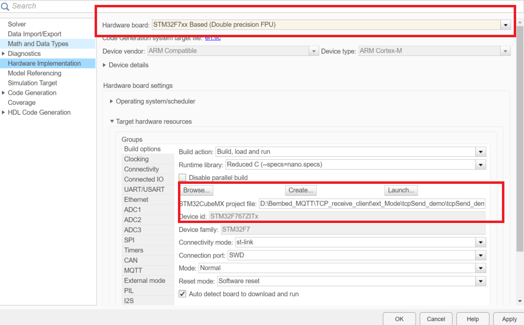 Model configuration parameters for selecting PWM resource on STM32F4xx Based processor board