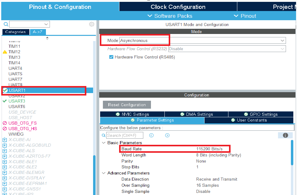 Protocol configuration for USART port in STM32 CubeMX configuration software