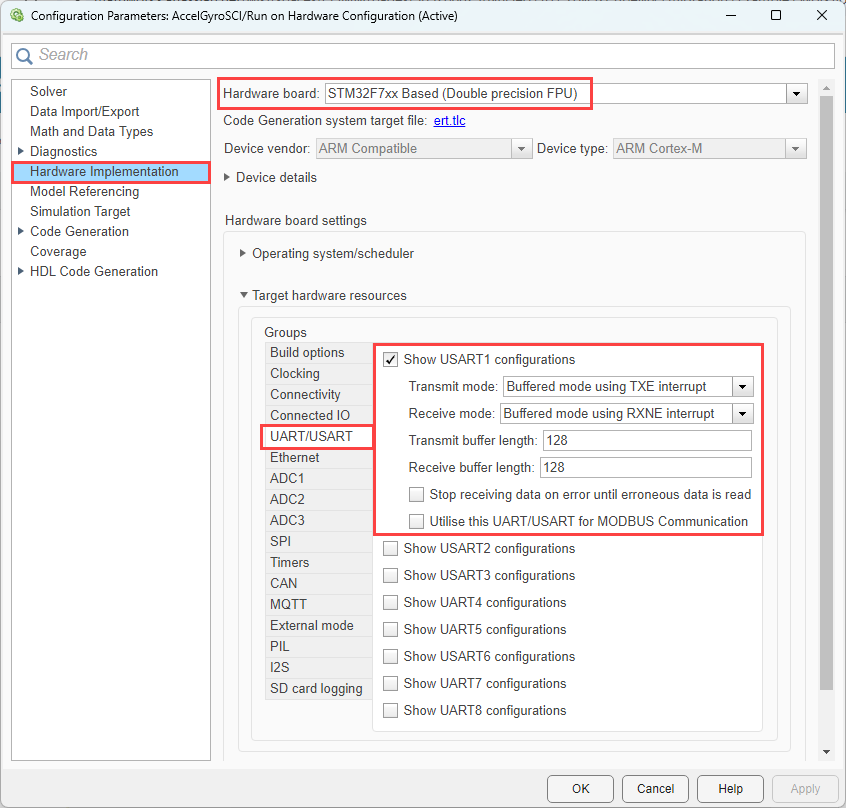 Model configuration parameters for selecting SCI resource on STM32F7xx Based processor board