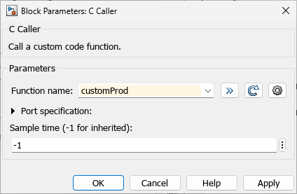 Block parameters dialog box showing the Function name set to customProd.