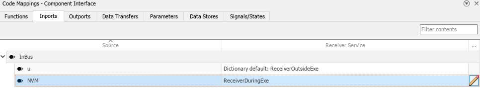 Code mappings editor with receiver service for InBus.NVM configured to ReceiverDuringExecution.