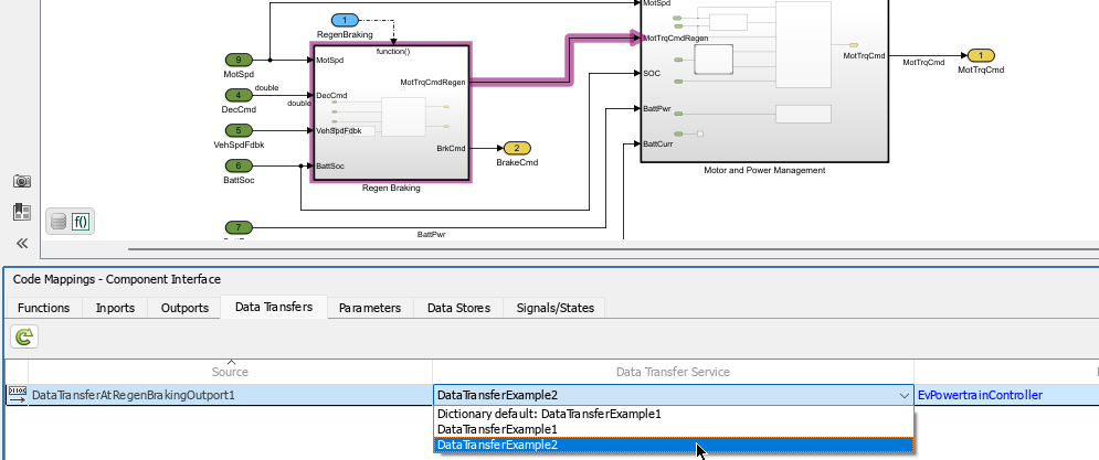 Code Mappings table showing the data transfers tab. For the first row, the Data Transfer Service cell is expanded and the cursor is selecting the DataTransferDuringExe entry from the drop-down.