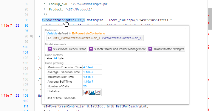Code view showing the generated code. The cursor is on the variable EvPowertrainController_Y. The tooltip shows the variable definition, model elements, code metrics, and code profiling data.