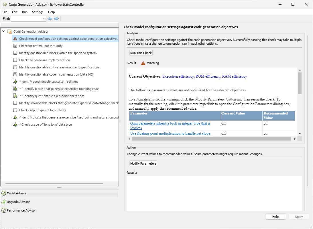 Code generation advisor showing the results from the check that checks model configuration settings against code generation objectives.