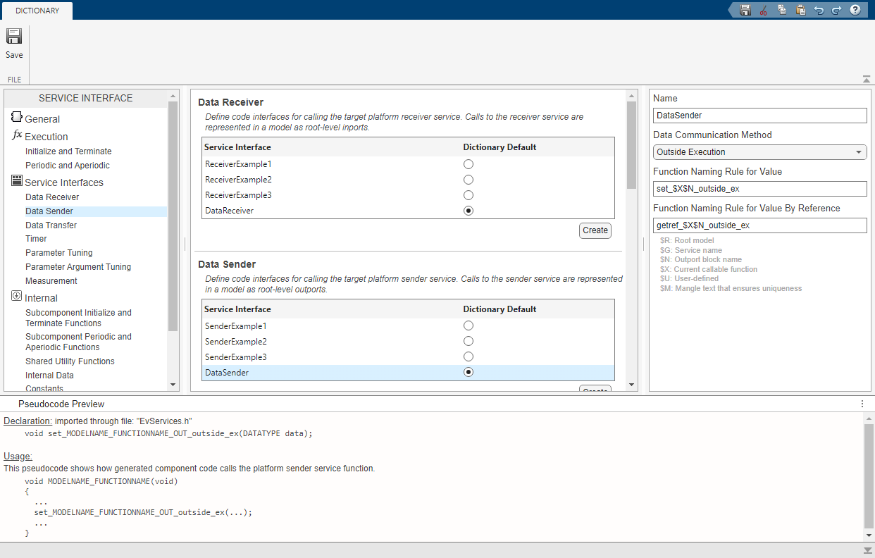 Coder dictionary showing the service interfaces.