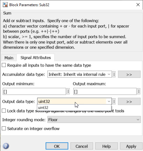 Changing the output data type in the Signal Attributes dialog from int32 to uint32