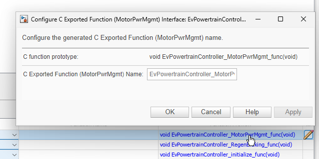 Dialog for configuring the prototype of the function EvPowertrainController_MotorPwrMgmt_func.
