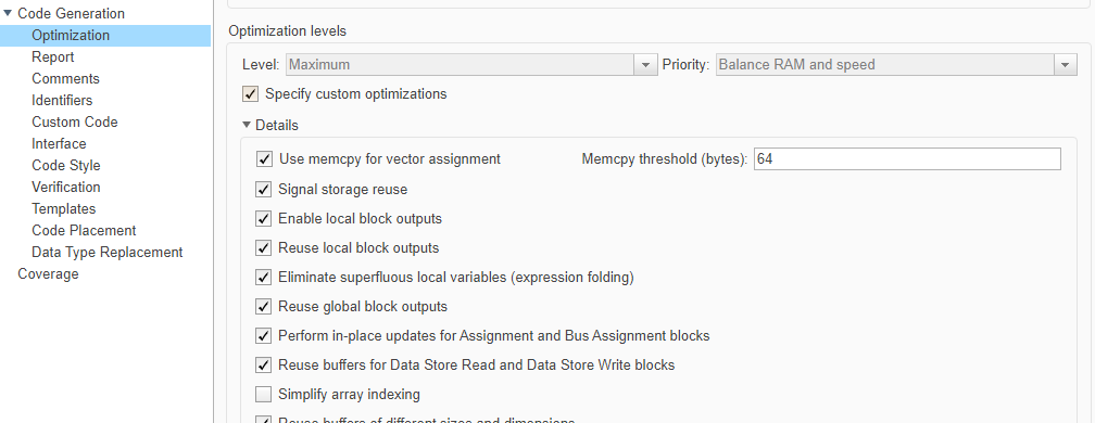 Configuration parameters showing that the Specify custom optimizations option is selected. Below it, the Details section is expanded to show the custom optimization parameters.