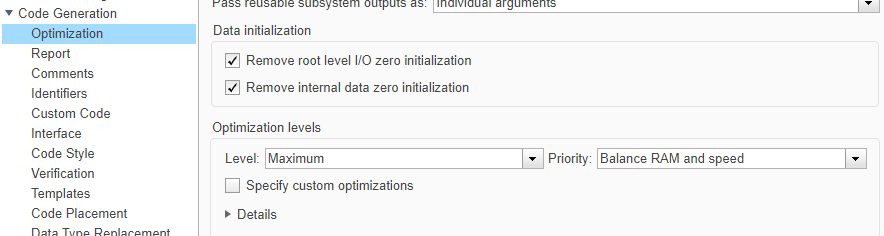 Configuration parameters showing the optimization level set to Maximum and priority set to Balance RAM and speed.