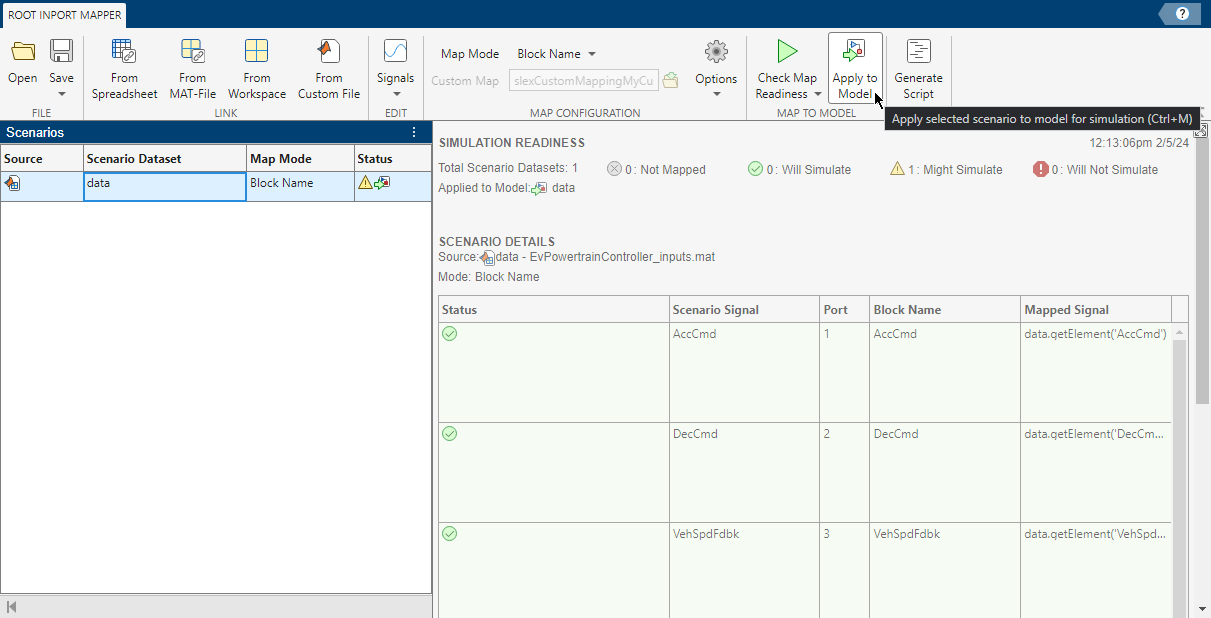 Root inport mapper showing the loaded data set. The cursor is pointing to the apply to model button in the toolstrip.