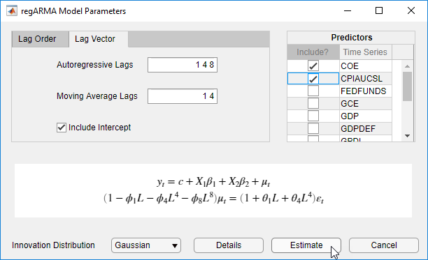 Screen shot of the regARMA Model Parameters dialog box with the Lag Vector tab selected. "Include Intercept" check box is checked. Autoregressive Lags and Moving Average lags have the values given in step 4a and 4b. Predictors section is filled out per step 5. "Details". "Estimate", and "Cancel" buttons are at the bottom right corner of the dialog box.