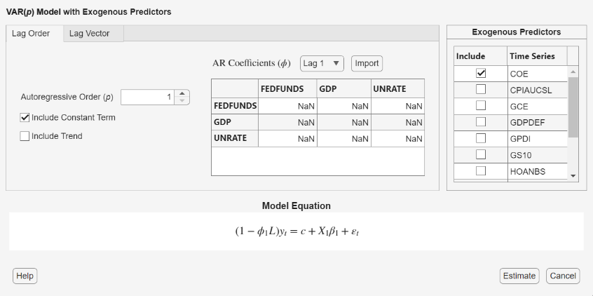 Screen shot of VARX Model Parameters dialog box with Lag Order tab selected.