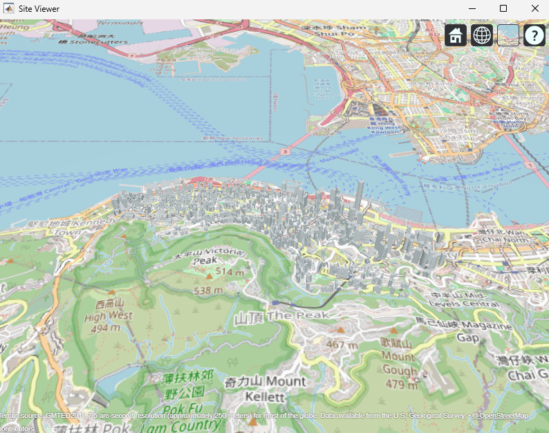 3-D map of Hong Kong with buildings