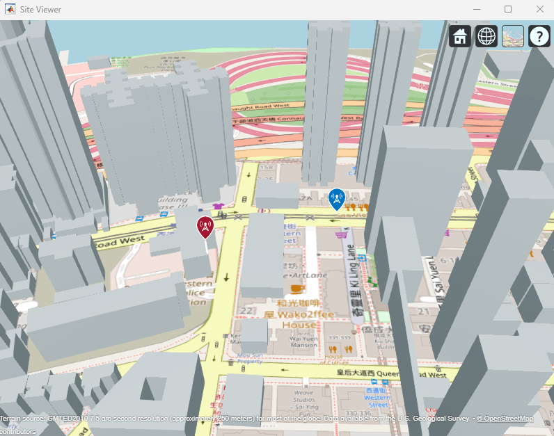 Location of gNB and UE on the 3-D map of Hong Kong