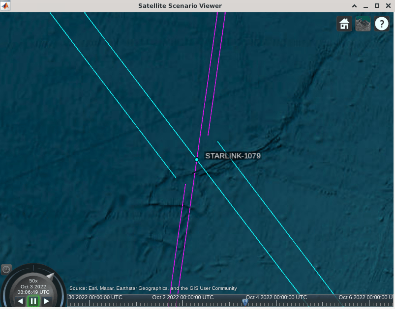 Conjunction.png View of satellite, STARLINK-1079, and debris, CZ-2D DEB, orbits in the satellite scenario viewer.