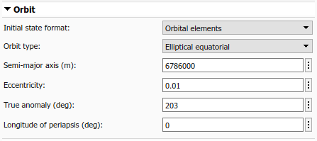 Spacecraft Dynamics Orbit tab with orbital elements initial state format and elliptical equatorial orbit type