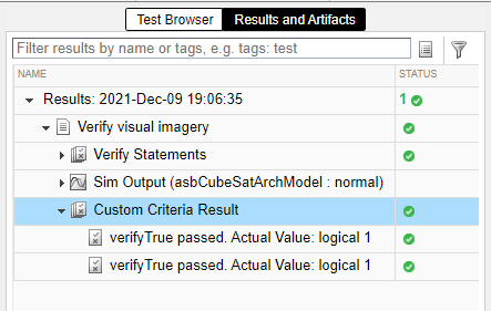 Results of asbCubeSatArchModel test point run in Test Manager.