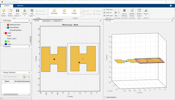 A screenshot of the PCB Antenna Designer app canvas. A toolbar at the top contains options for adding shapes, feeds, vias, and analyzing the design. The left panel lists PCB stack layers and design variables. The main canvas shows a 2D top‑view of two H‑shaped antenna patches with feed points marked by red dots. To the right, a 3D visualization displays the antenna structure on a substrate within an axis‑labeled grid.