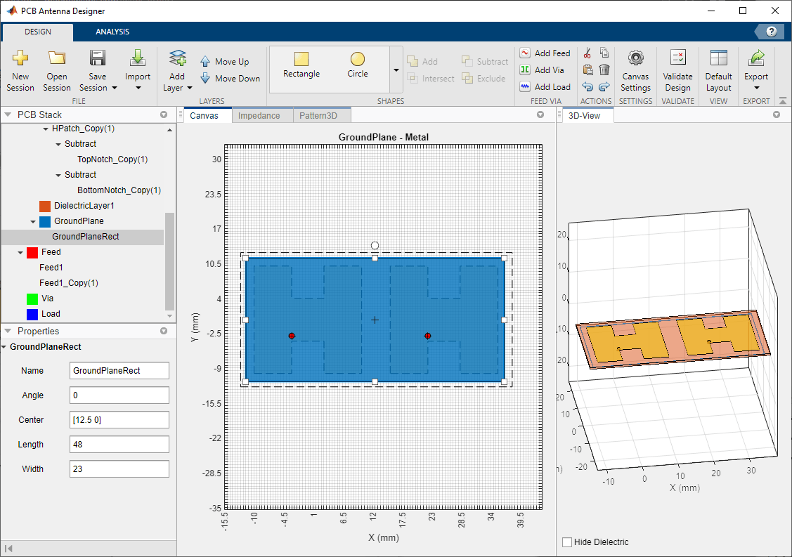 Screenshot of the PCB Antenna Designer app canvas. The left pane shows a hierarchical list of PCB stack elements, including layers such as ‘DielectricLayer1’, ‘GroundPlane’, and objects like feeds and vias. The center pane displays a top‑down 2D view of a rectangular blue ground plane labeled ‘GroundPlane – Metal,’ with grid lines, axis labels, and movable corner handles. Two red markers appear inside the rectangle. The right pane shows a 3D rendered view of the PCB design with copper structures on a tilted board. Toolbars at the top contain options for shapes, layers, feeds, loads, simulation, and export.