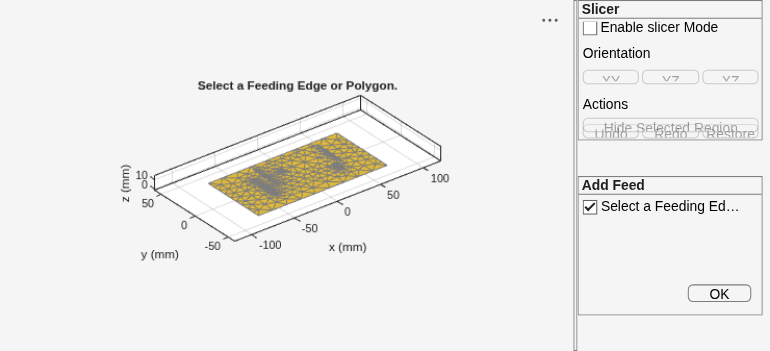 Figure Create Feed contains an axes object and other objects of type uipanel. The axes object with title Select a Feeding Edge or Polygon., xlabel x (mm), ylabel y (mm) is empty.