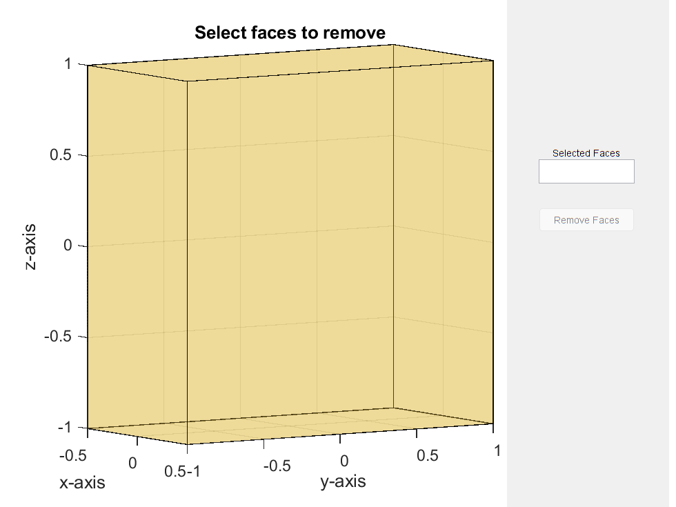 Figure contains an axes object and an object of type uipanel. The axes object with title Select faces to remove, xlabel x-axis, ylabel y-axis contains 12 objects of type patch.