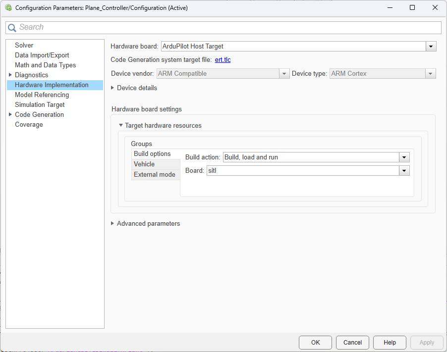 Plane_Controller.slx model settings, showing the Build options tab.