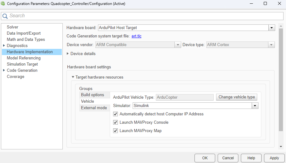 Quadcopter_Controller.slx model settings, showing the Vehicle pane.