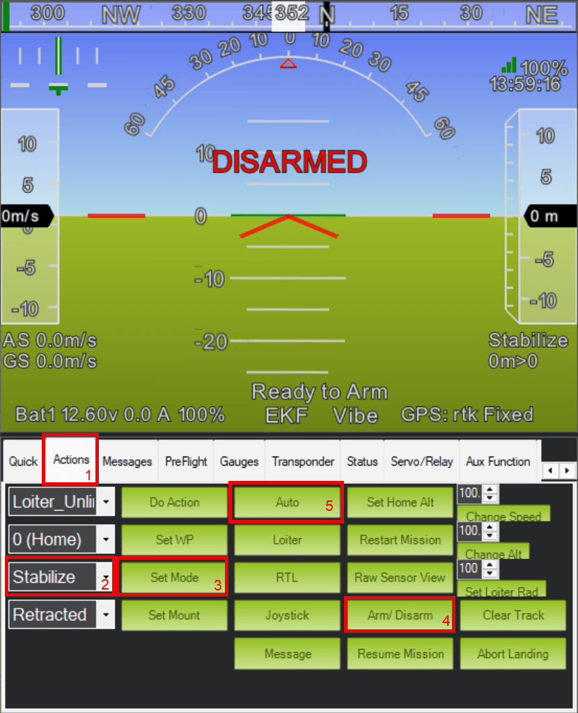 < Alt text: "Steps to start mission in auto mode: 1. Select the Actions tab. 2. Select Stabilize from the mode drop-down. 3. Select Set Mode. 4. Select Arm/ Disarm to arm the quadcopter. 5. Select Auto.