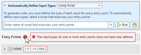 Entry Points pane, showing an error because the input types for the collatz function are not defined