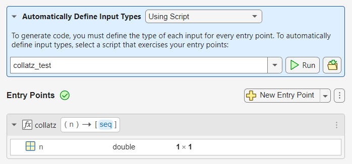 Entry Points pane, showing that the input argument n for the collatz function is of type double