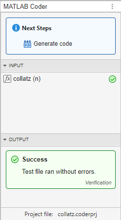 MATLAB Coder panel, showing Input and Output sections. The Output section displays a green Success banner.