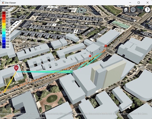 Two ray tracing outcomes are illustrated. The first outcome occurs in a part of the trajectory where there is no line of sight access, but after one or two bounces the ray reaches the UE from the BS. The second outcome occurs in a part of the trajectory where line of sight access exists.