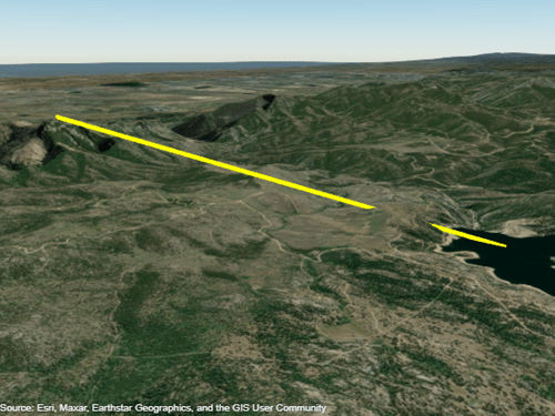 A 3-D line plotted from the surface of a reservoir to a point above a peak.