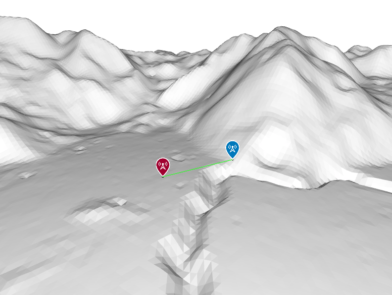 Transmitter and receiver sites plotted over lunar terrain. A green line connects the sites.