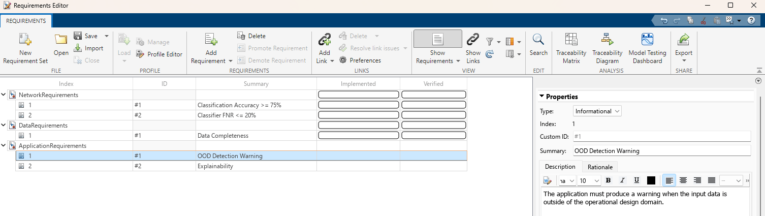 Requirements editor showing the application requirements.