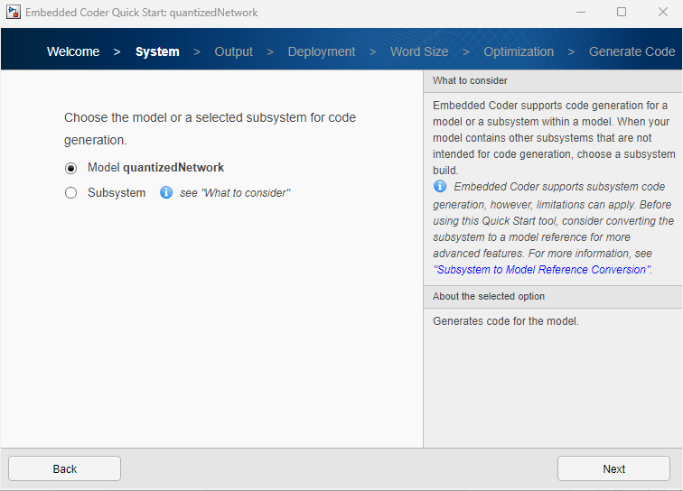 System page of the Embedded Coder Quick Start application with the "Model quantizedNetwork" option selected