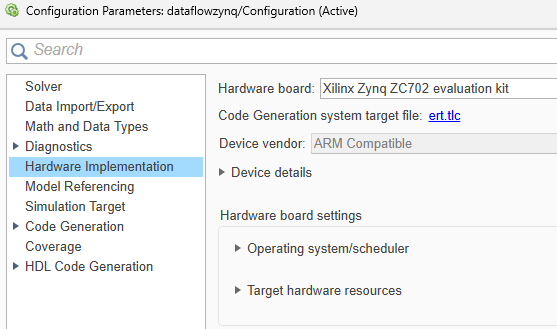 Hardware Implementation settings configured for Zynq-7000 SoC ZC702.