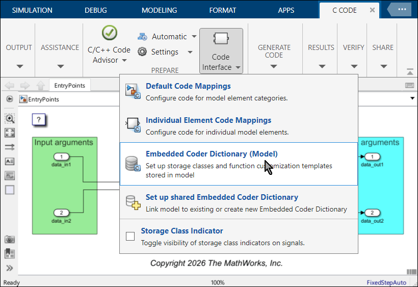 C Code tab is selected in the Simulink Toolstrip. The Code Interface button list is open and the mouse cursor is selecting Embedded Coder Dictionary (Model).