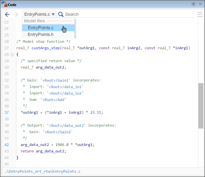 Code pane showing the definition of the generated function custArgsStepFcn in the generated source code file EntryPoints.c. The function prototype is real_T custArgsStepFcn(real_T star outArg1, const real_T inArg2, const real_T star inArg1).