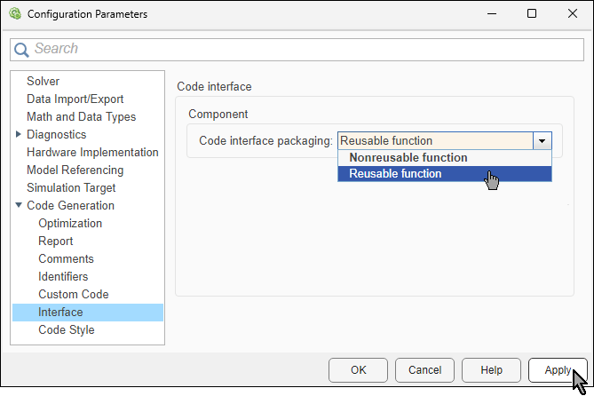 Configuration Parameters dialog box. The value Reusable function is selected from the Code interface packaging list.
